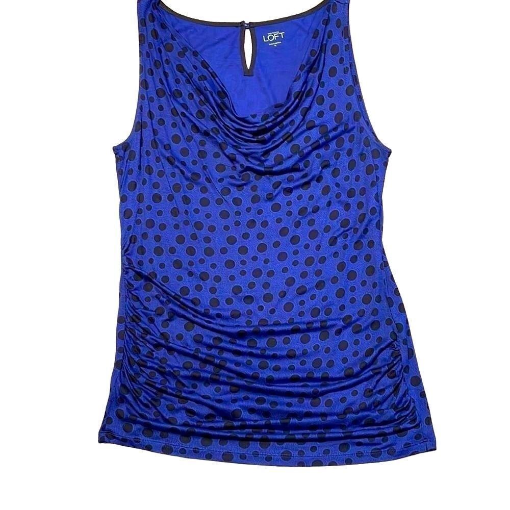 Loft blue & black print soft knit ruched sleeveless drape neck M